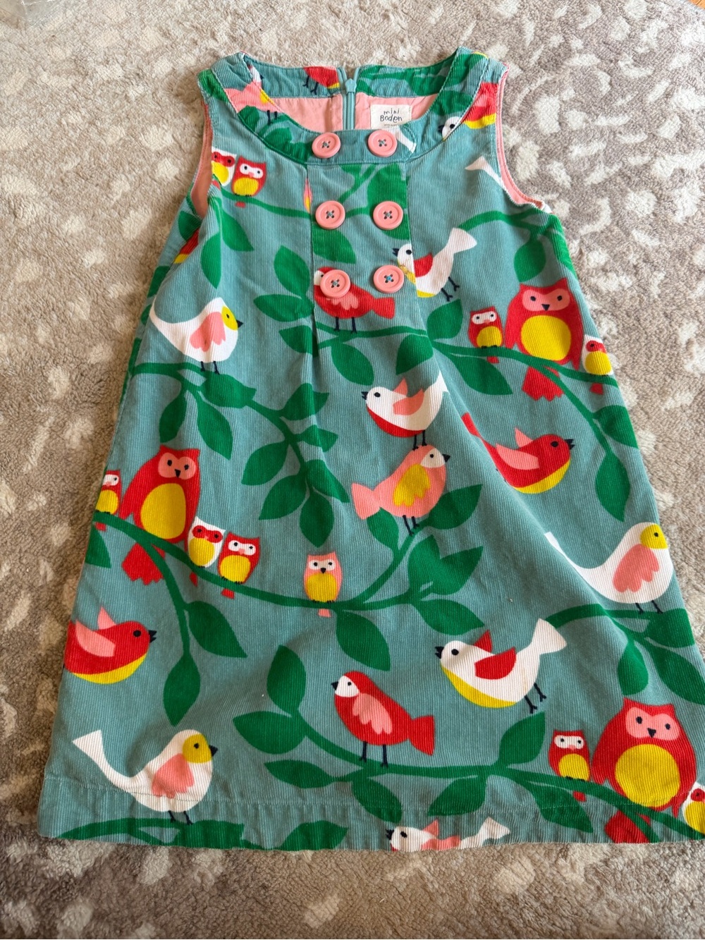 Mini Boden Teal Corduroy Jumper with Multicolor Birds Owls